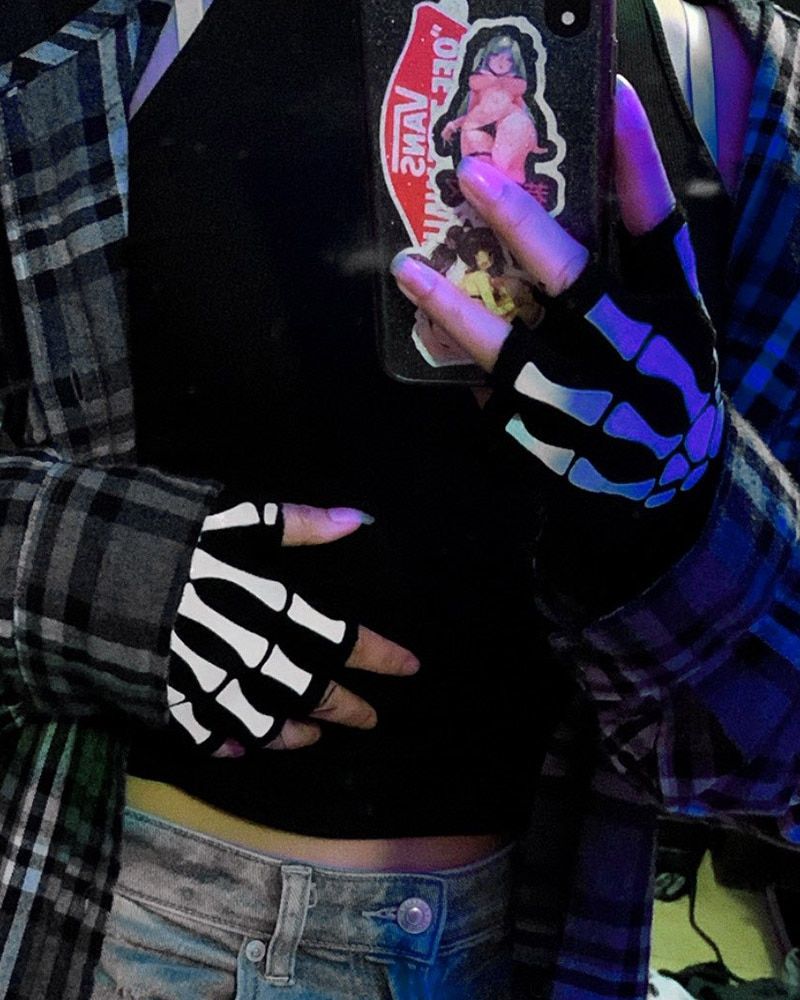 Punk Gloves Unisex Halloween Skeleton Skull Half Finger Gloves Glow In The Dark Fingerless Stretch
