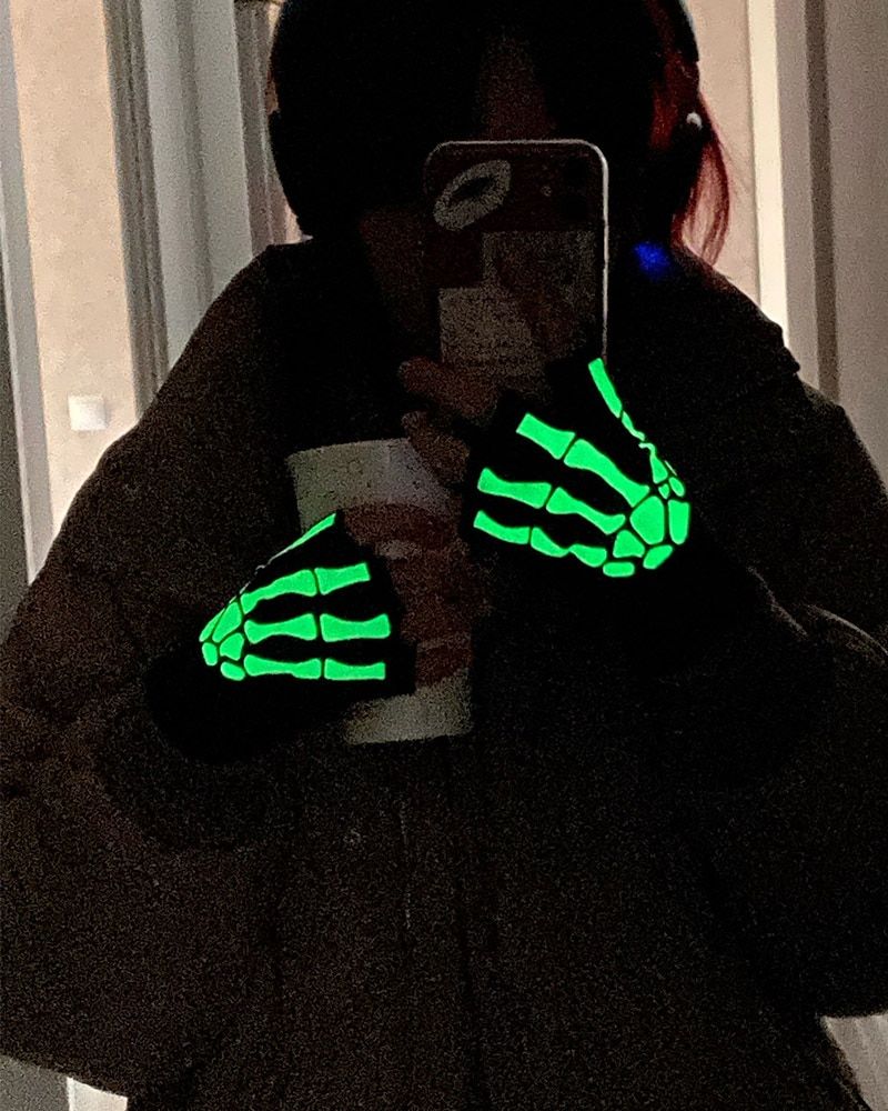 Punk Gloves Unisex Halloween Skeleton Skull Half Finger Gloves Glow In The Dark Fingerless Stretch