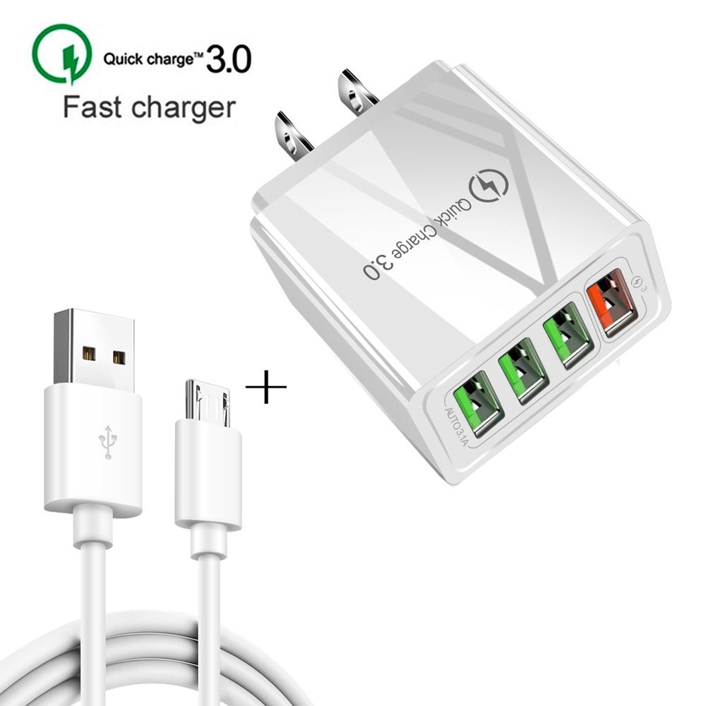 2 In 1 1m USB To Micro USB Data Cable + 30W QC 3.0 4 USB Interfaces Universal Quick Charger Travel Charger Set, US Plug(Black)