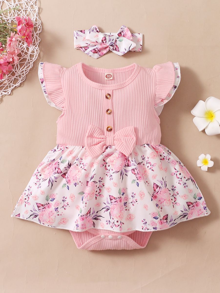 0-18Months Baby Girl Fly Sleeve Bodysuit Floral Skirt Design Gift Headband
