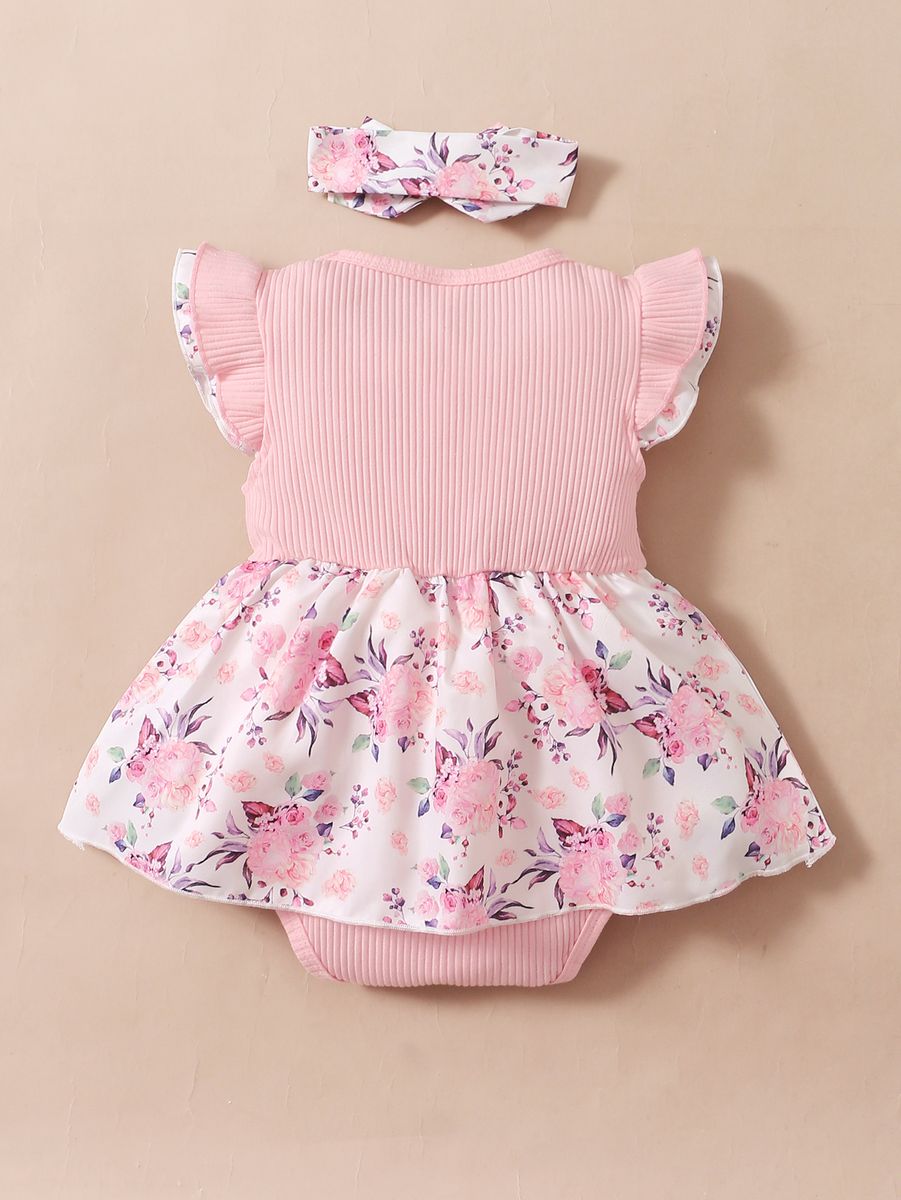 0-18Months Baby Girl Fly Sleeve Bodysuit Floral Skirt Design Gift Headband