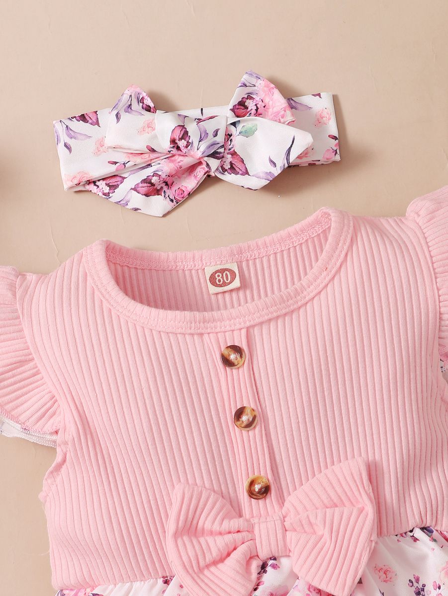 0-18Months Baby Girl Fly Sleeve Bodysuit Floral Skirt Design Gift Headband