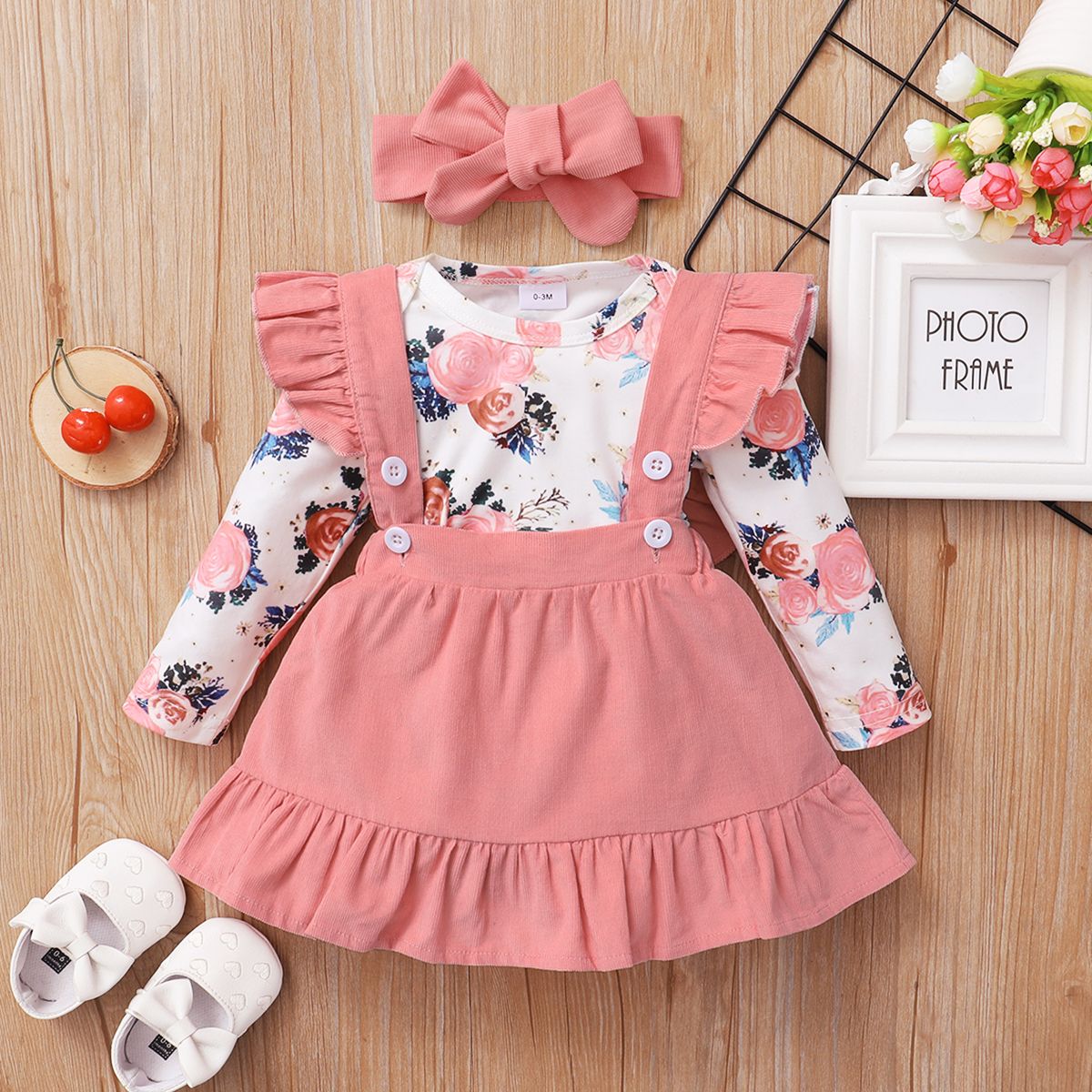 Baby Girls Autumn Winter Clothes Set Long Sleeves Floral Bodysuit + Pink Skirt
