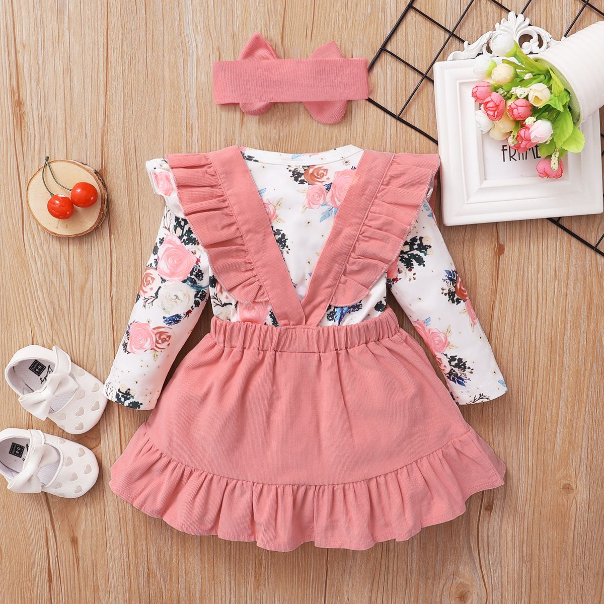 Baby Girls Autumn Winter Clothes Set Long Sleeves Floral Bodysuit + Pink Skirt
