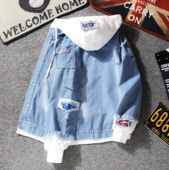 Denim Jacket Hooded Jacket Casual Jacket Youth Trend Hooded Couple-Light Blue
