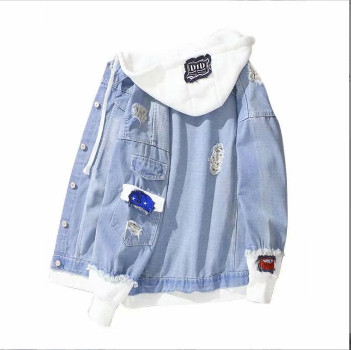 Denim Jacket Hooded Jacket Casual Jacket Youth Trend Hooded Couple-Light Blue