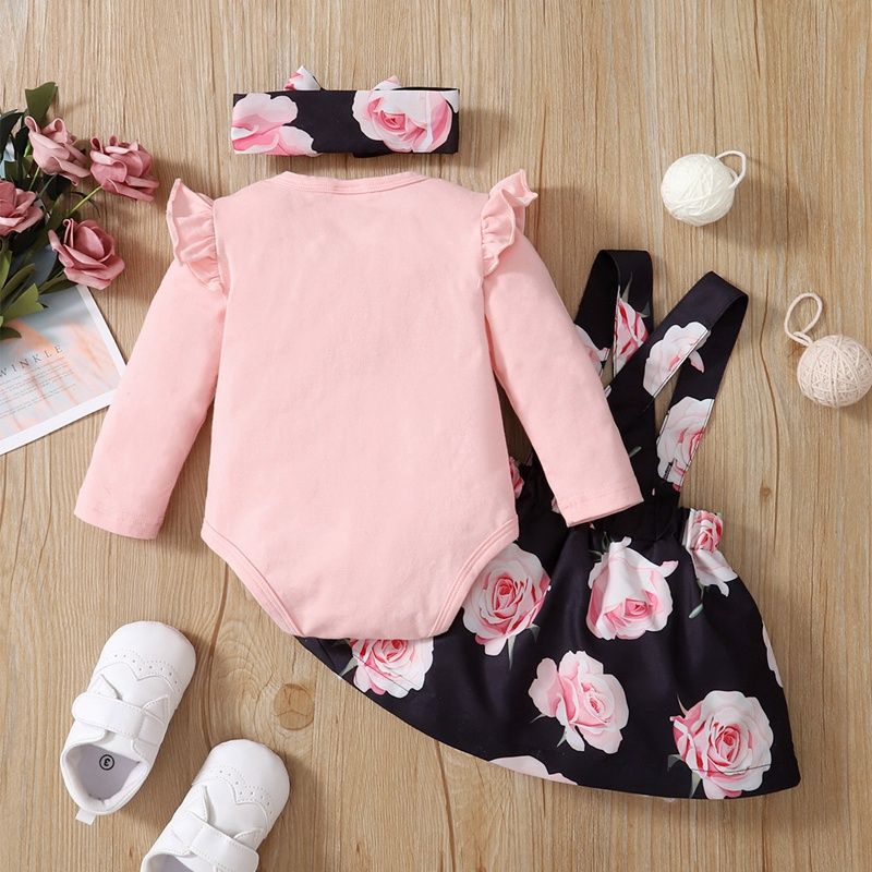 Baby Girls Dresses Long Sleeve Bodysuit Floral Design Suspender Skirt With Headband
