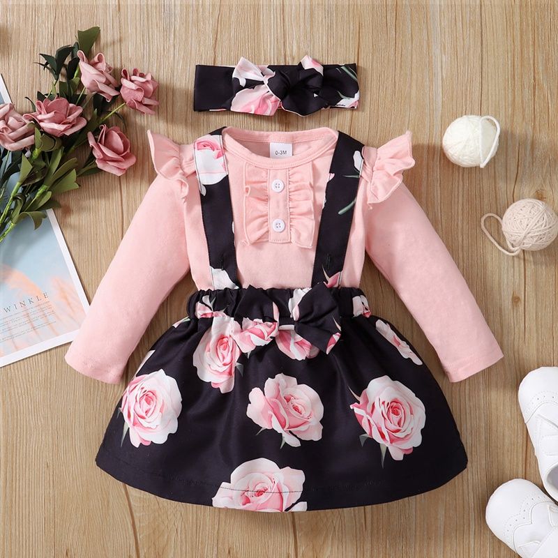 Baby Girls Dresses Long Sleeve Bodysuit Floral Design Suspender Skirt With Headband