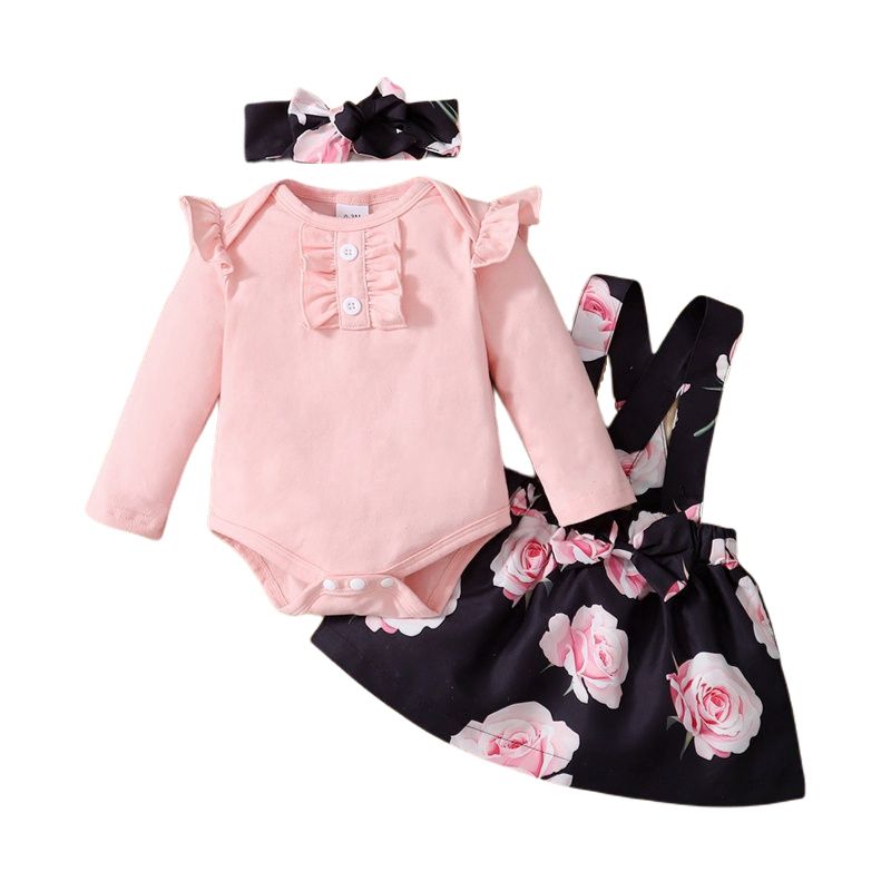 Baby Girls Dresses Long Sleeve Bodysuit Floral Design Suspender Skirt With Headband
