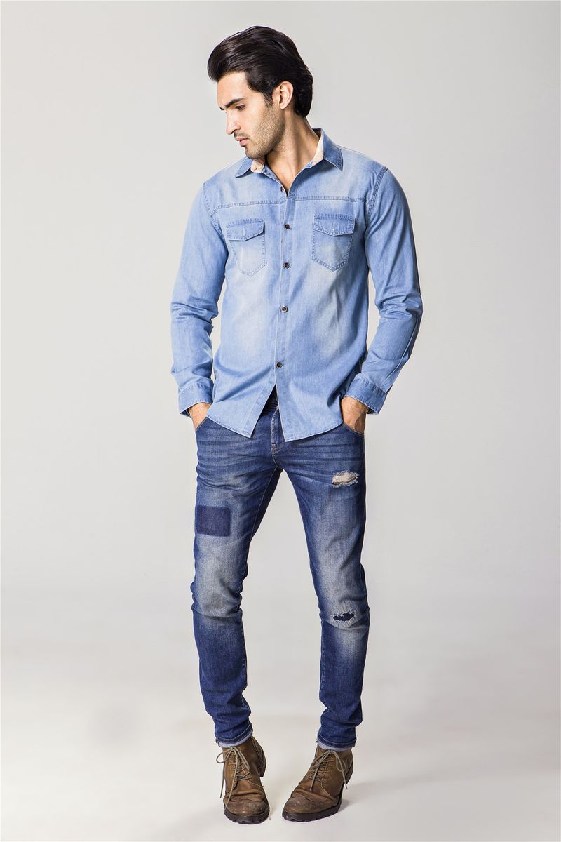 Mens Jeans Shirts  Denim Long Sleeve Casual Official