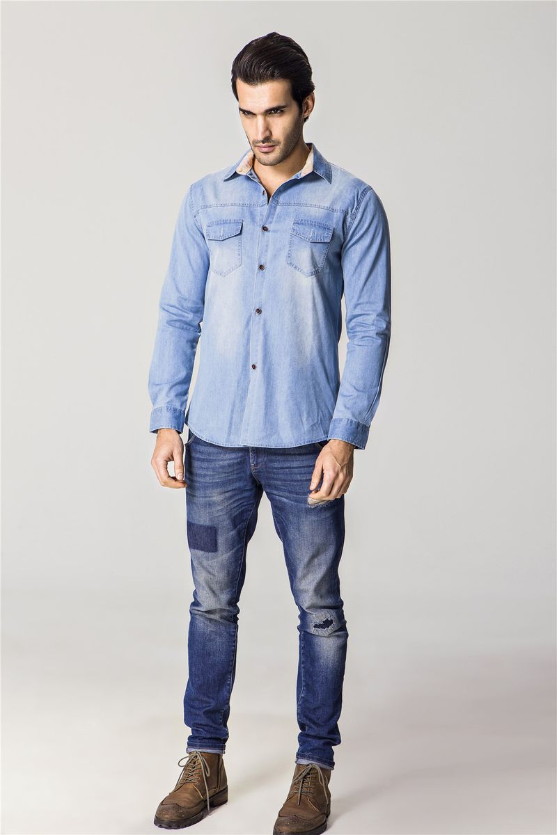 Mens Jeans Shirts  Denim Long Sleeve Casual Official