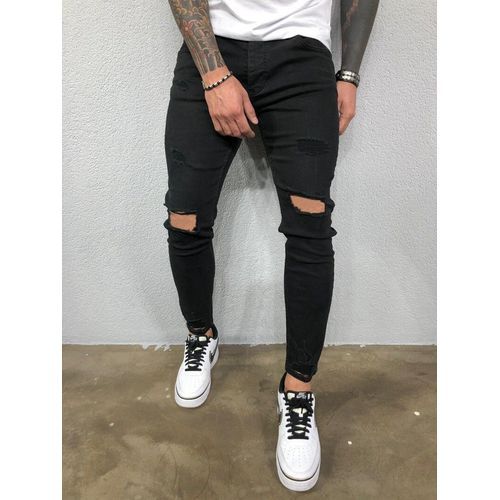 Men's New Ripped Straight-leg Stretch Jeans-Black