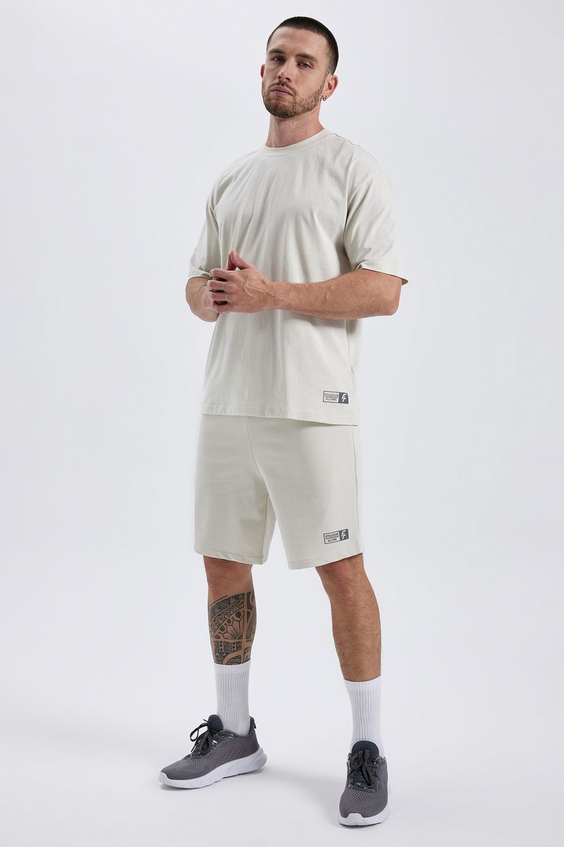 Man Oversize Fit Short Sleeve Crew Neck Knitted T-Shirt - Beige