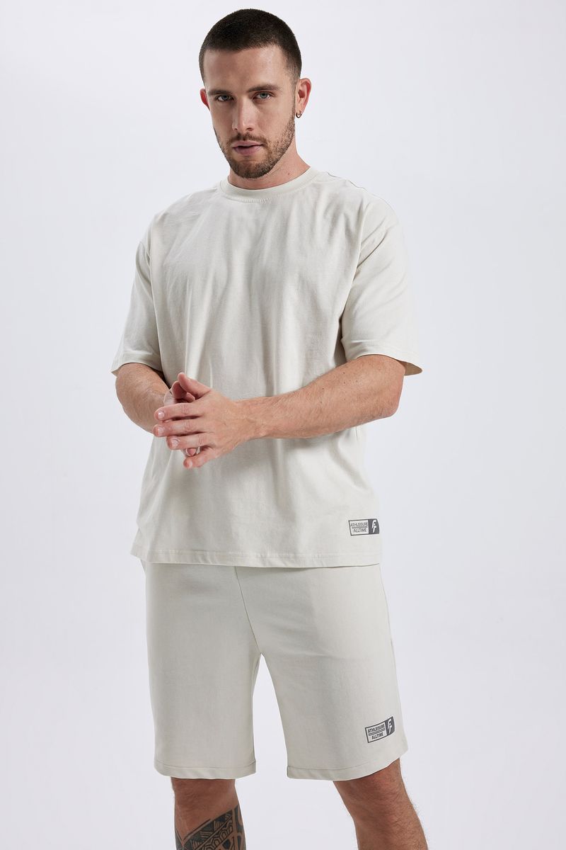 Man Oversize Fit Short Sleeve Crew Neck Knitted T-Shirt - Beige