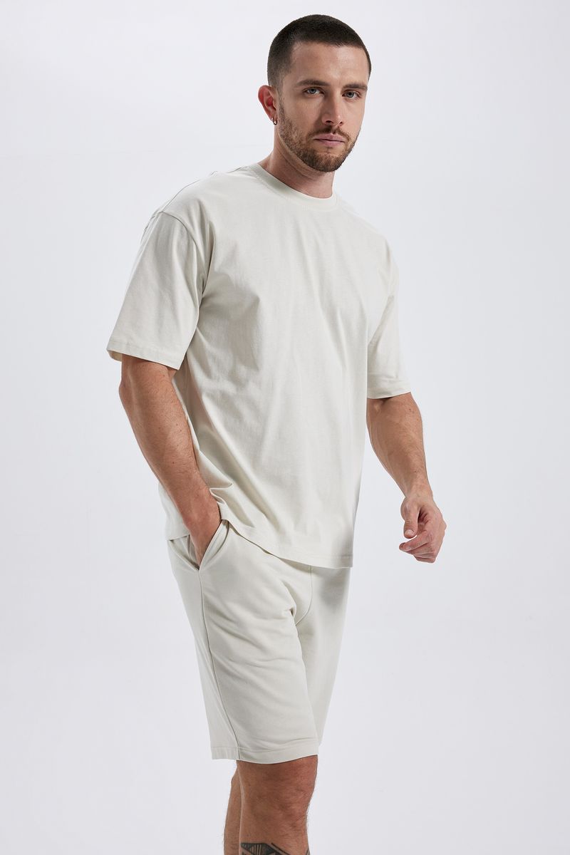 Man Oversize Fit Short Sleeve Crew Neck Knitted T-Shirt - Beige