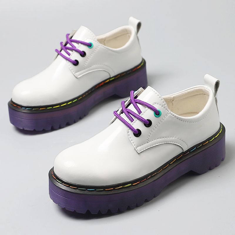 Chunky Women Leather Platform Shoes Round Toe  Lace Up Ladies Flats Handmade