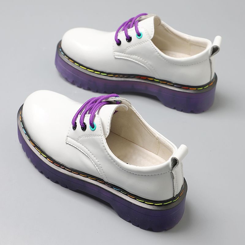 Chunky Women Leather Platform Shoes Round Toe  Lace Up Ladies Flats Handmade