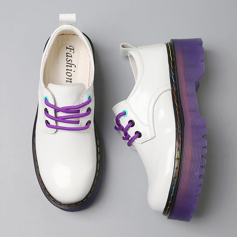 Chunky Women Leather Platform Shoes Round Toe  Lace Up Ladies Flats Handmade