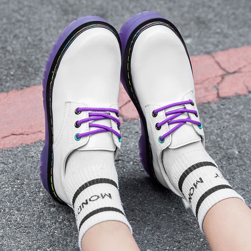 Chunky Women Leather Platform Shoes Round Toe  Lace Up Ladies Flats Handmade