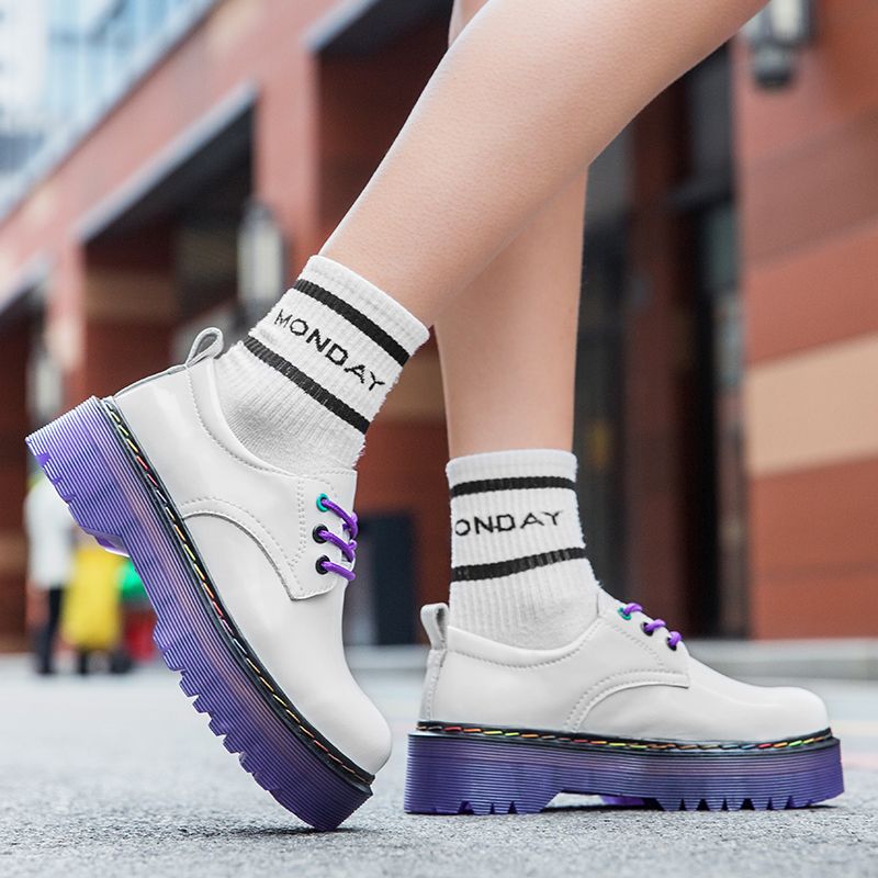 Chunky Women Leather Platform Shoes Round Toe  Lace Up Ladies Flats Handmade
