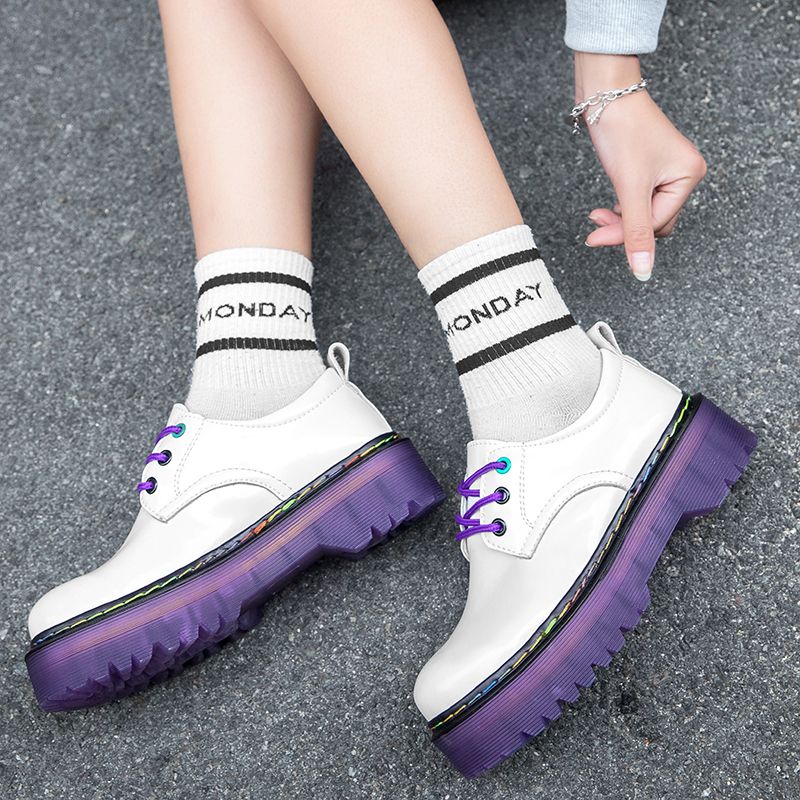 Chunky Women Leather Platform Shoes Round Toe  Lace Up Ladies Flats Handmade