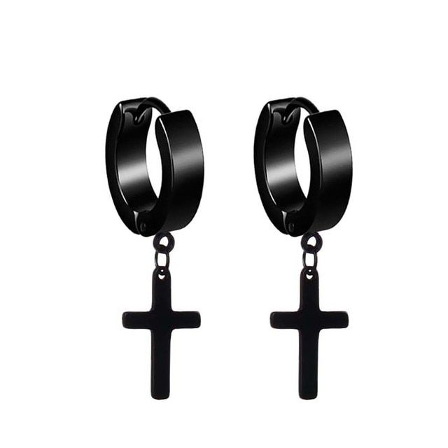 Non-pierced Clip On Cross Dangle Hoop Earrings Set  Stainle