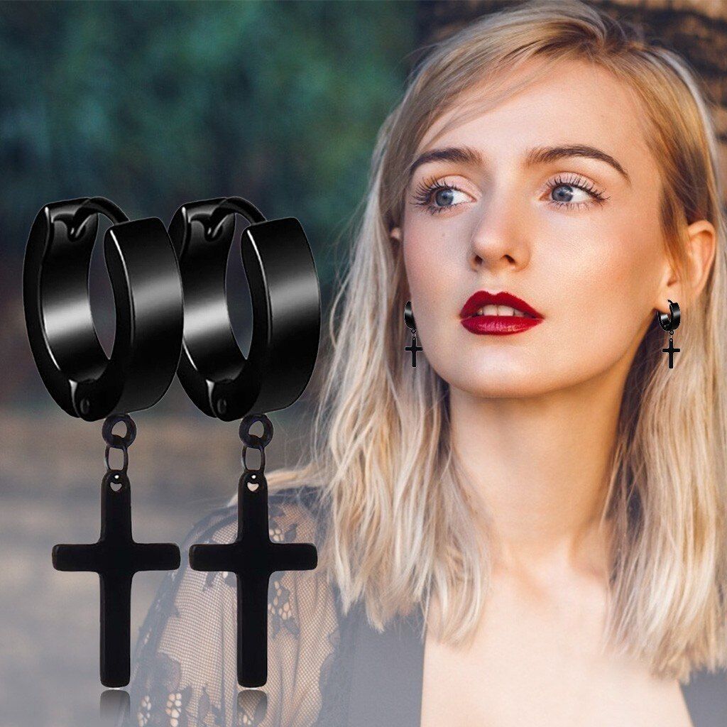 Non-pierced Clip On Cross Dangle Hoop Earrings Set  Stainle
