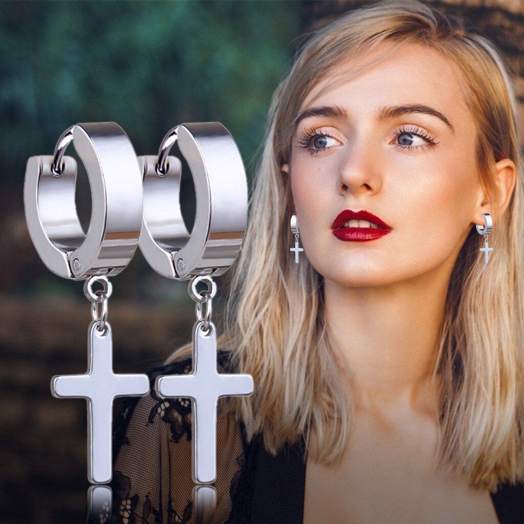 Non-pierced Clip On Cross Dangle Hoop Earrings Set  Stainle
