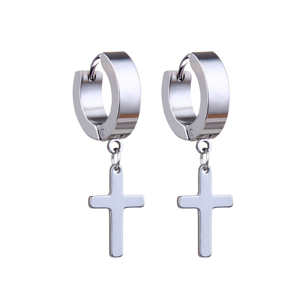 Non-pierced Clip On Cross Dangle Hoop Earrings Set  Stainle