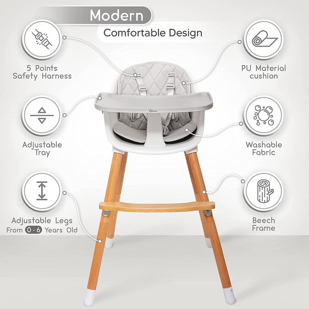 Vittavia Wooden Adjustable Baby/Toddler High Chair, Grey