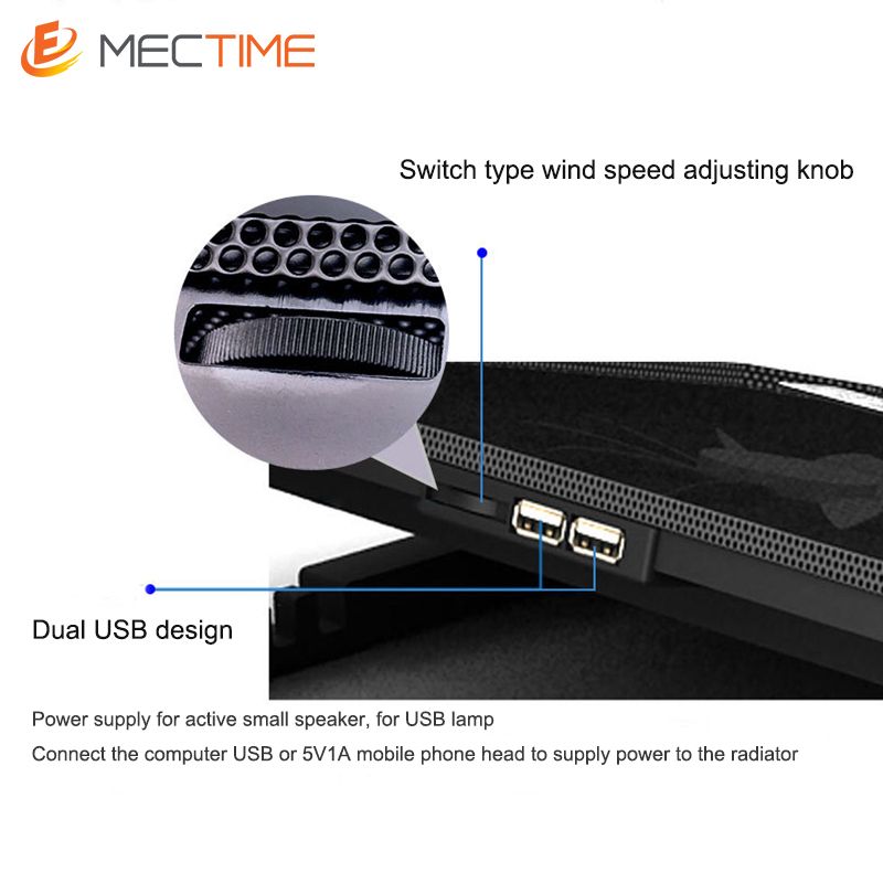 USB Laptop Fan Cooling Stand Pad Heights Adjustable -black