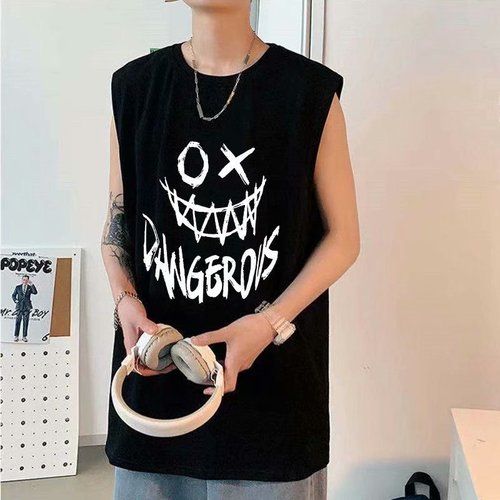 Harajuku Print Tank Tops Men Casual Big Size S-5XL Loose Sleeveless Hip Hop Tees Fashion Ulzzang Muscle Workout Singlets Baggy-XWP-E24 Black