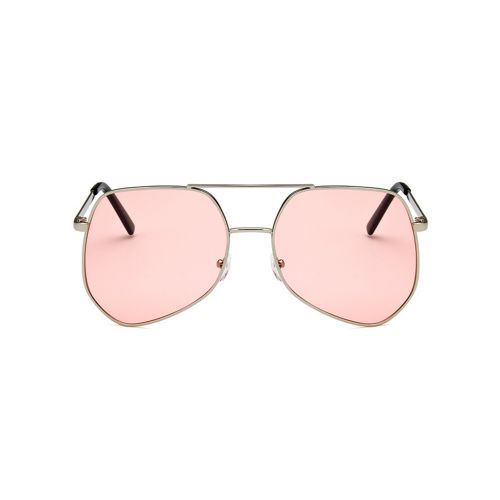 Metal Silver Big Frame Sunglasses Polygonal Reflective Pink Lens