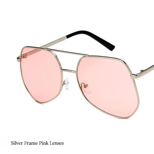 Metal Silver Big Frame Sunglasses Polygonal Reflective Pink Lens