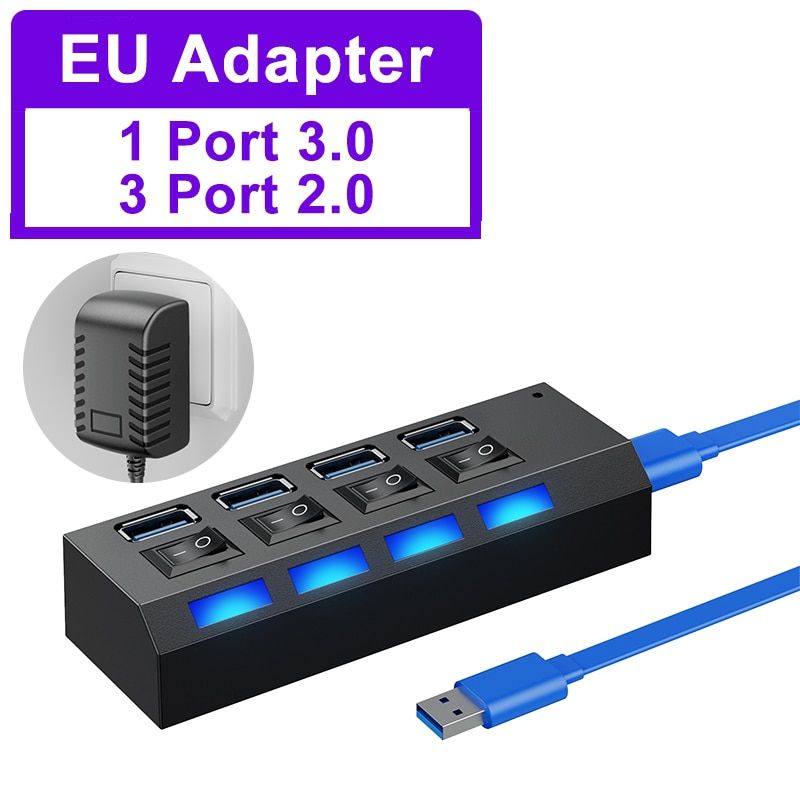 （EU 4 Port USB）USB HUB USB 3.0 HUB USB Splitter 3 0 Multi Port HUB With Power Adapter Multiple 3 Hab With Switch For PC Computer Accessories