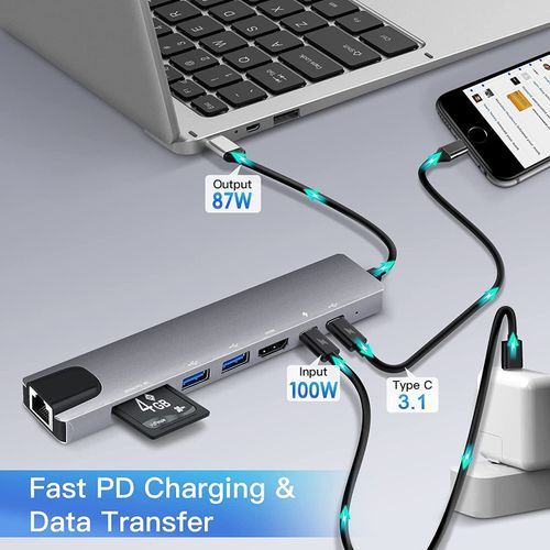 USB C Hub 8 In 1 Type C 3.1 To 4K HDMI Adapter With RJ45 SD/TF Card Reader PD Fast Charge Thunderbolt 3 USB Dock For MacBook Pro