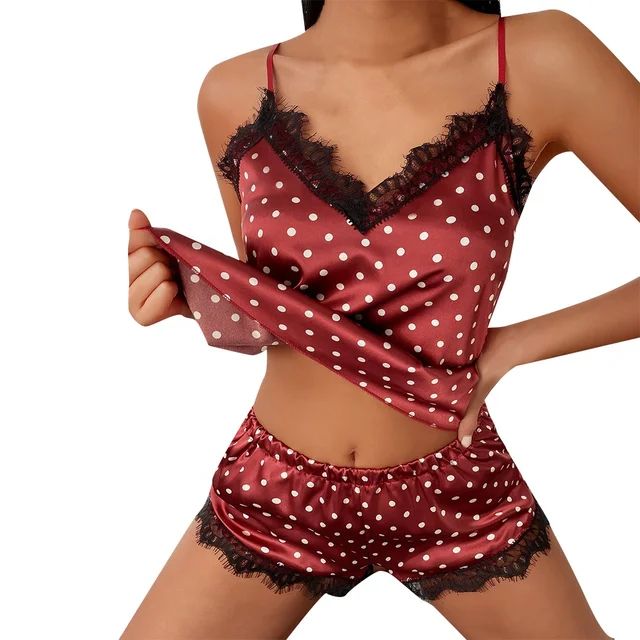 Women's Satin Lace Pyjamas Sleepwear Set Red