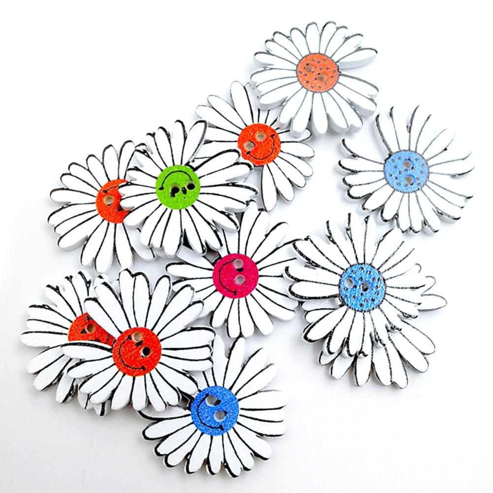 50Pcs Marguerite Shape 2 Holes Wooden Buttons Clothes Sewing Scrapbooking Decor-Mix Color