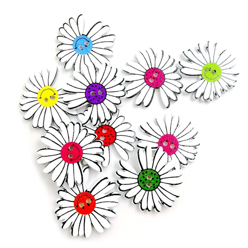 50Pcs Marguerite Shape 2 Holes Wooden Buttons Clothes Sewing Scrapbooking Decor-Mix Color