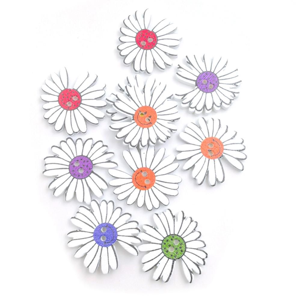 50Pcs Marguerite Shape 2 Holes Wooden Buttons Clothes Sewing Scrapbooking Decor-Mix Color