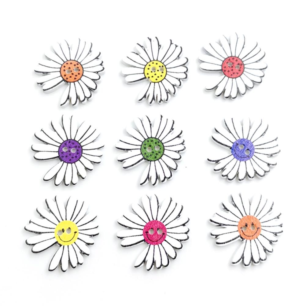 50Pcs Marguerite Shape 2 Holes Wooden Buttons Clothes Sewing Scrapbooking Decor-Mix Color