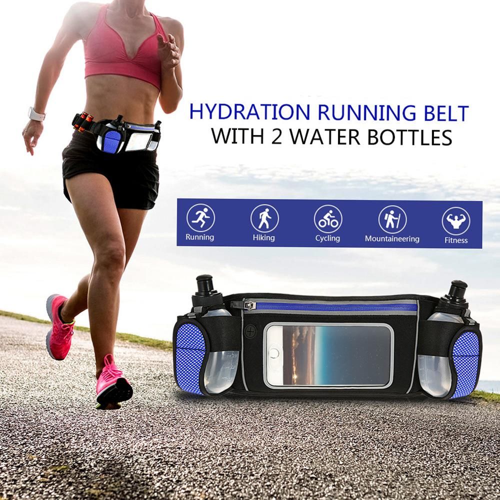 Hydration Running Belt with 2 Water Bottles Lightweight Reflective Touch Screen Mobile Phone Holder Waist Belt Fanny Pack Bag for Outdoor Sport Marathon Running Cycling Jogging