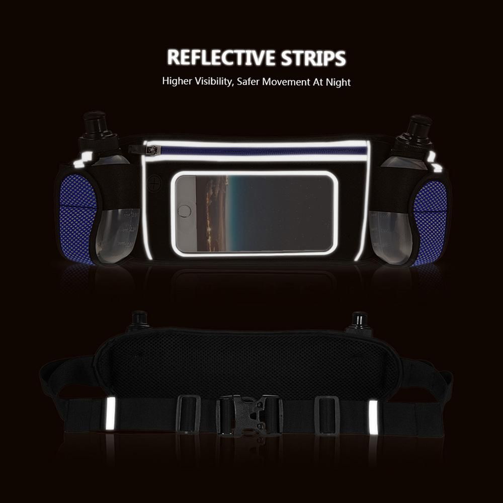 Hydration Running Belt with 2 Water Bottles Lightweight Reflective Touch Screen Mobile Phone Holder Waist Belt Fanny Pack Bag for Outdoor Sport Marathon Running Cycling Jogging