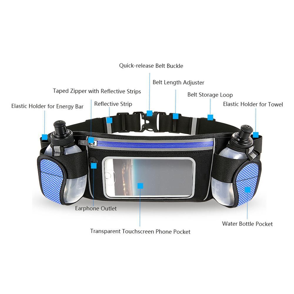 Hydration Running Belt with 2 Water Bottles Lightweight Reflective Touch Screen Mobile Phone Holder Waist Belt Fanny Pack Bag for Outdoor Sport Marathon Running Cycling Jogging