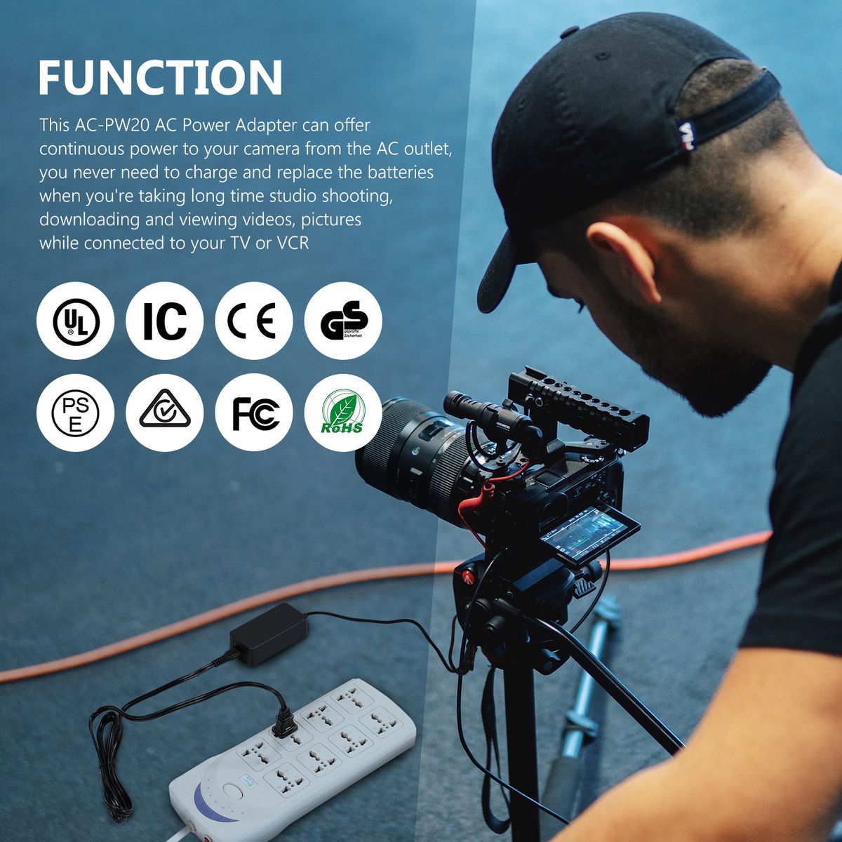 AC-PW20 AC Power Supply Adapter And DC Coupler Dummy Battery Charger Kit Replace NP-FW50 Battery Compatible With Sony A7/7R/7S A7II/7RII/7SII A6500/6400/6300/6100 NEX3/5/6/7 DSC-RX10 II III IV