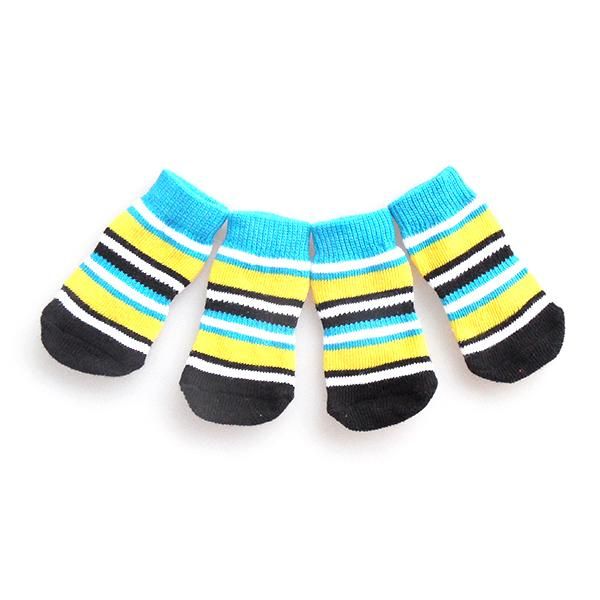Pet Dog Puppy Cat Anti-slip Knit Cotton Weave Sock 4 Pcs L blue