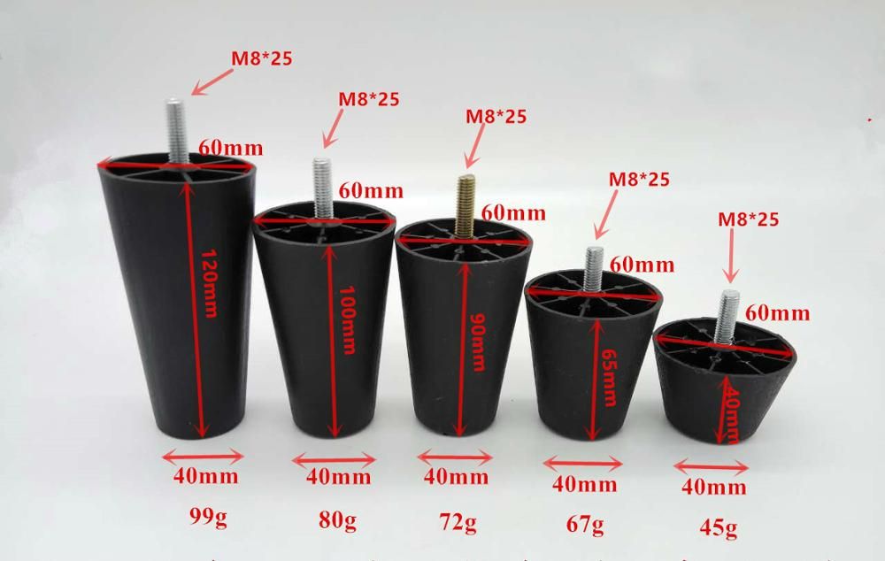 4pcs Round Tapered Black Plastic Furniture Legs Feet High 40 65 90 100 120MM With M8*25 Thread Shank For Sofa Couch And Chair-6 Pcs