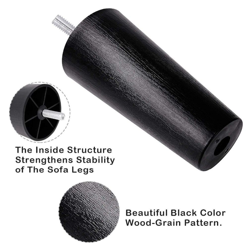 4pcs Round Tapered Black Plastic Furniture Legs Feet High 40 65 90 100 120MM With M8*25 Thread Shank For Sofa Couch And Chair-6 Pcs