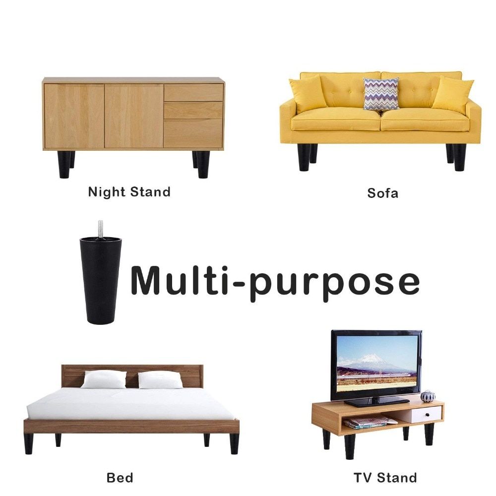 4pcs Round Tapered Black Plastic Furniture Legs Feet High 40 65 90 100 120MM With M8*25 Thread Shank For Sofa Couch And Chair-6 Pcs