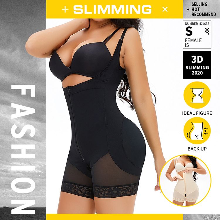 Tummy Tight Hip Lifter Bodysuit Plus Size Breasted Zip-Up Body Shaper-beige